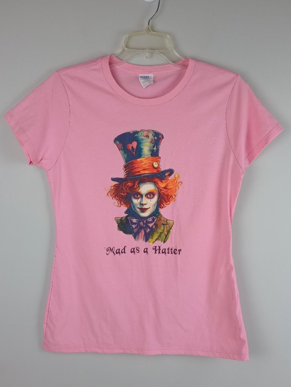 Port & Company Womens S‎ Pink Alice In Wonderland Mad Hatter Graphic Tshirt